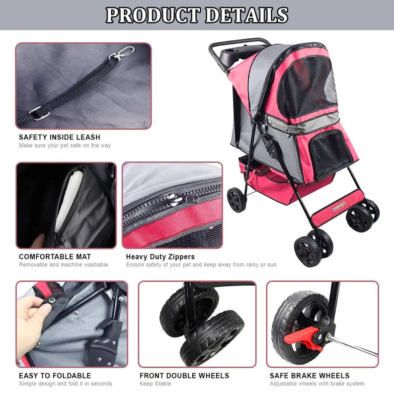 GOOPAWS 4-Wheel Foldable Pet Stroller for Dogs & Cats