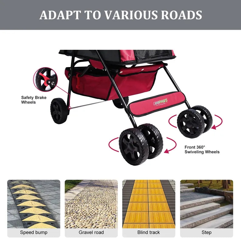 GOOPAWS 4-Wheel Foldable Pet Stroller for Dogs & Cats