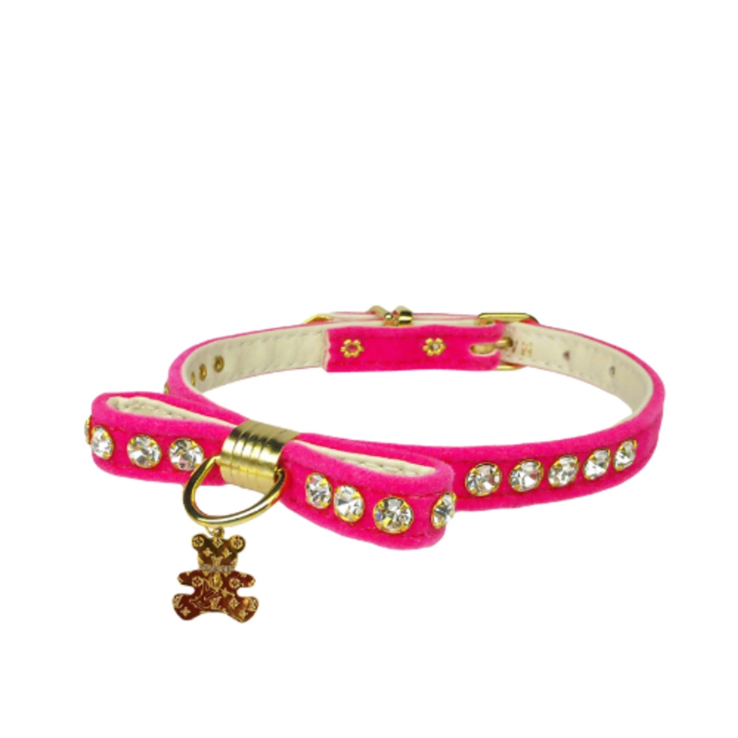 Velvet Bow Dog Collar with Crystal Bear Charm