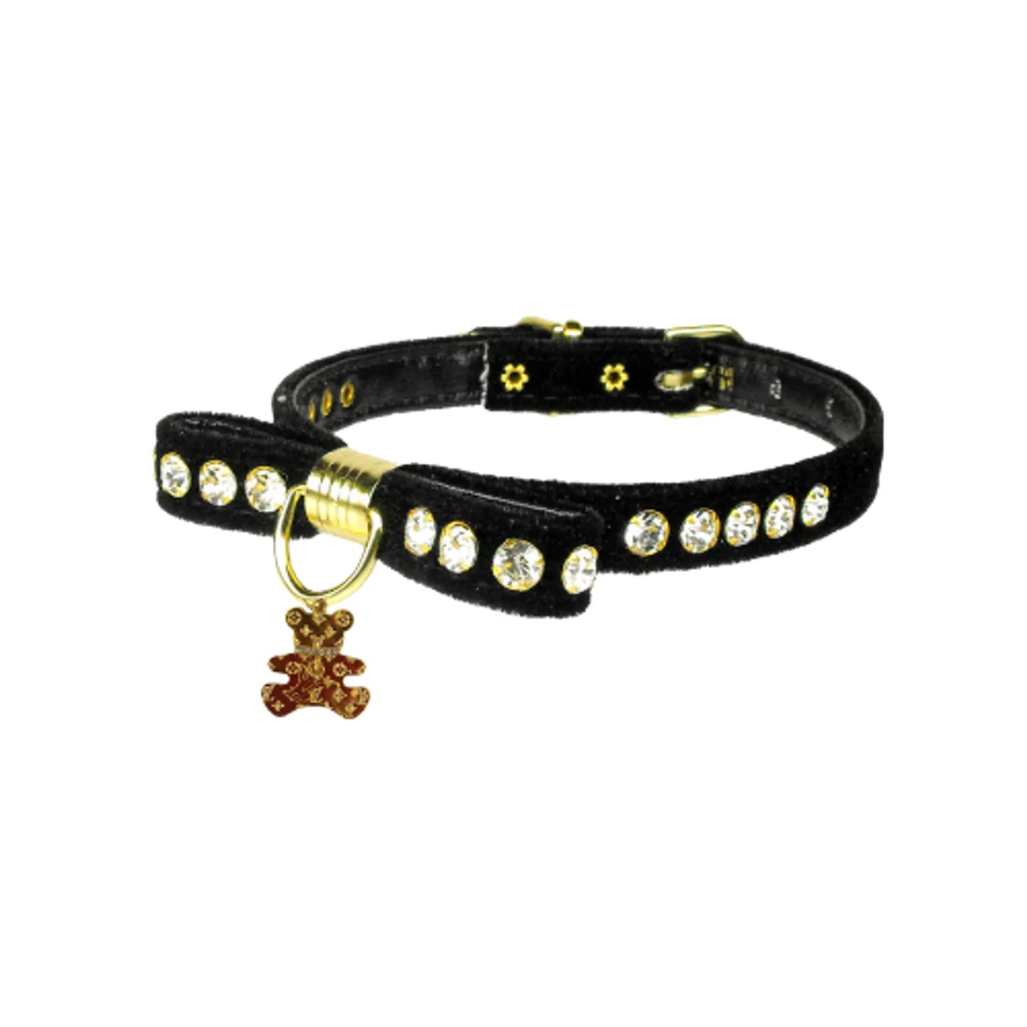 Velvet Bow Dog Collar with Crystal Bear Charm