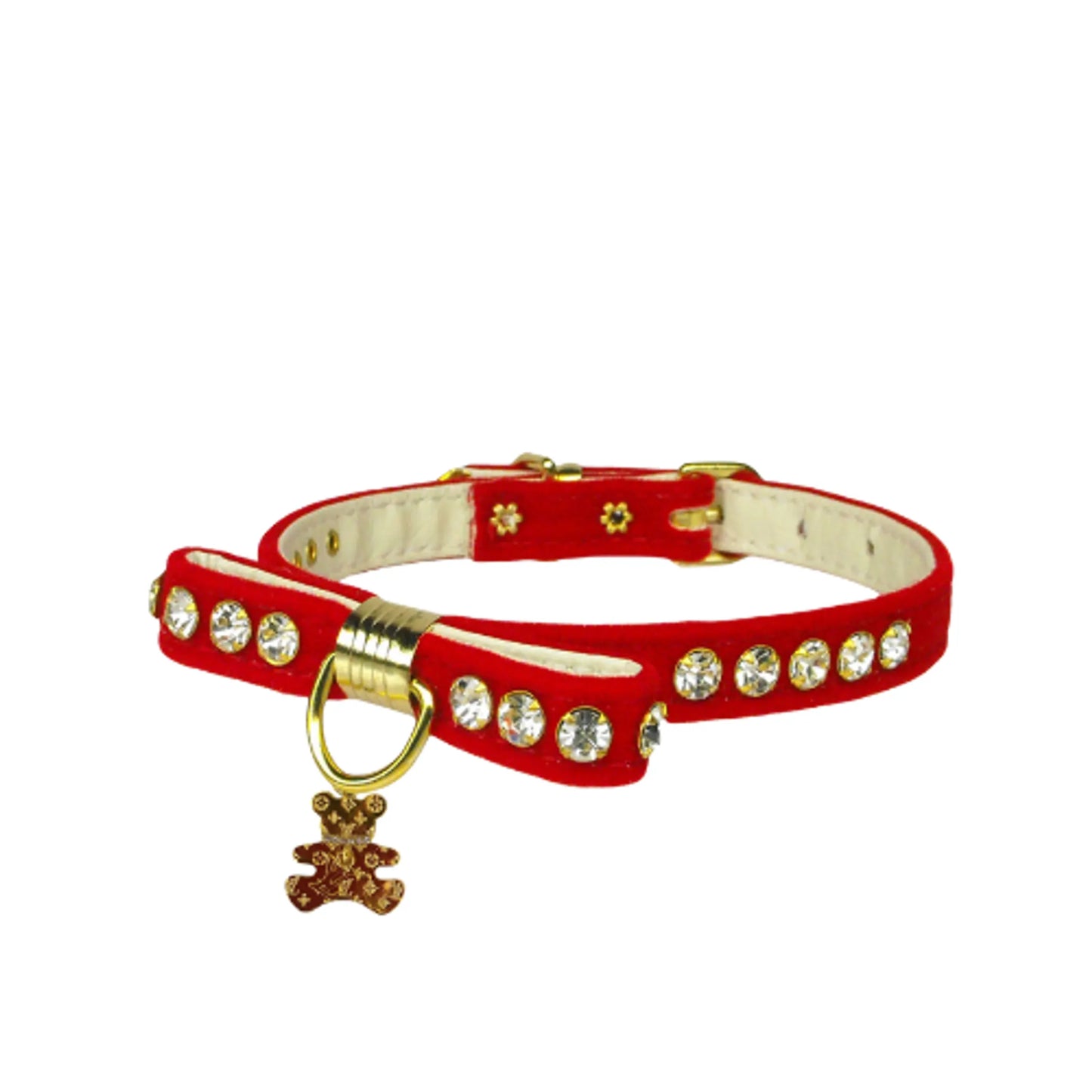 Velvet Bow Dog Collar with Crystal Bear Charm