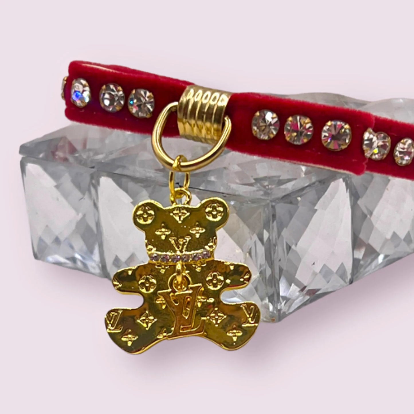 Velvet Bow Dog Collar with Crystal Bear Charm