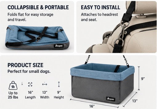 JESPET Dog Car Booster Seat (Up to 24 lbs)
